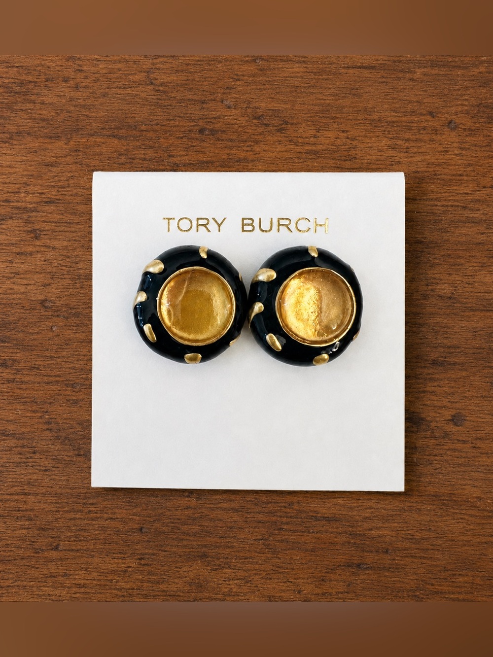 Tory Burch Black and Gold Enamel Button Earrings